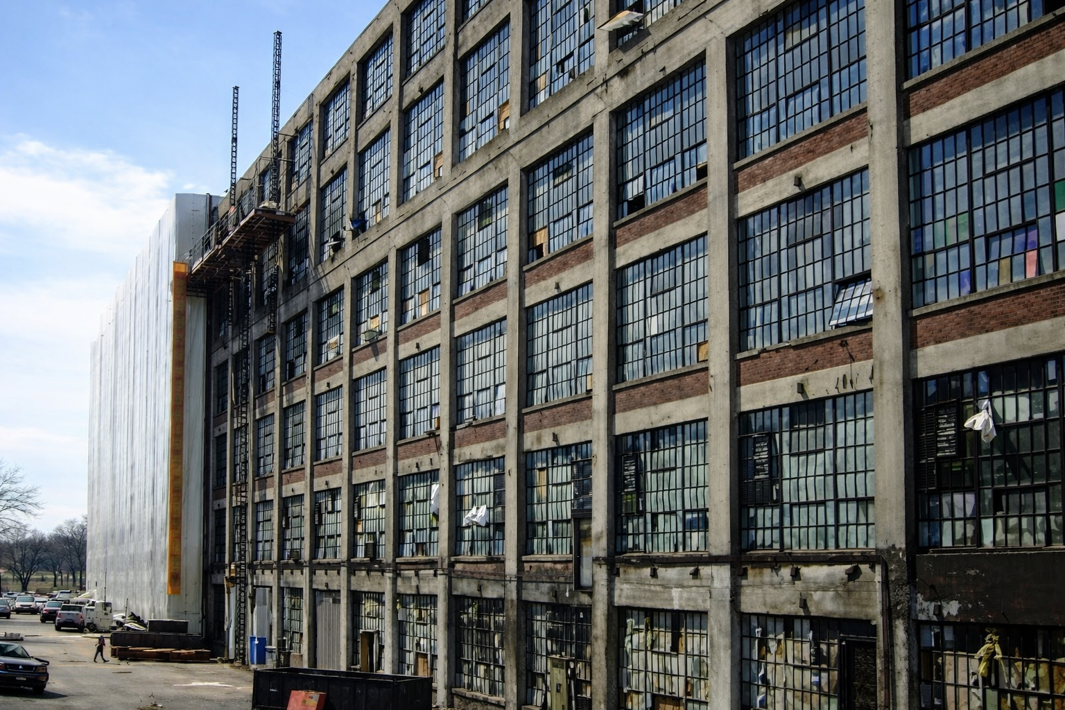 Original industrial windows prior to restoration, showing deterioration and weathering.